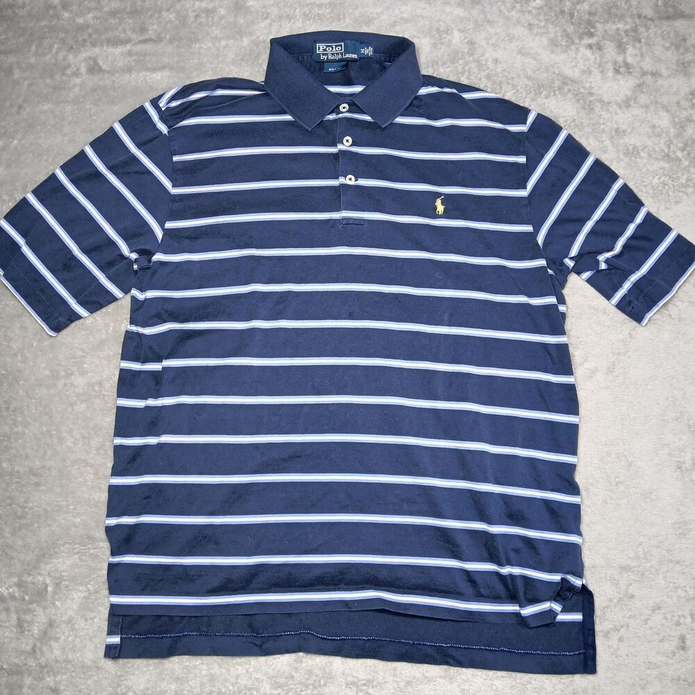 Polo Ralph Lauren Shirt Mens M Blue Striped Golf Fit Stretch Pima Cotton Grandpa